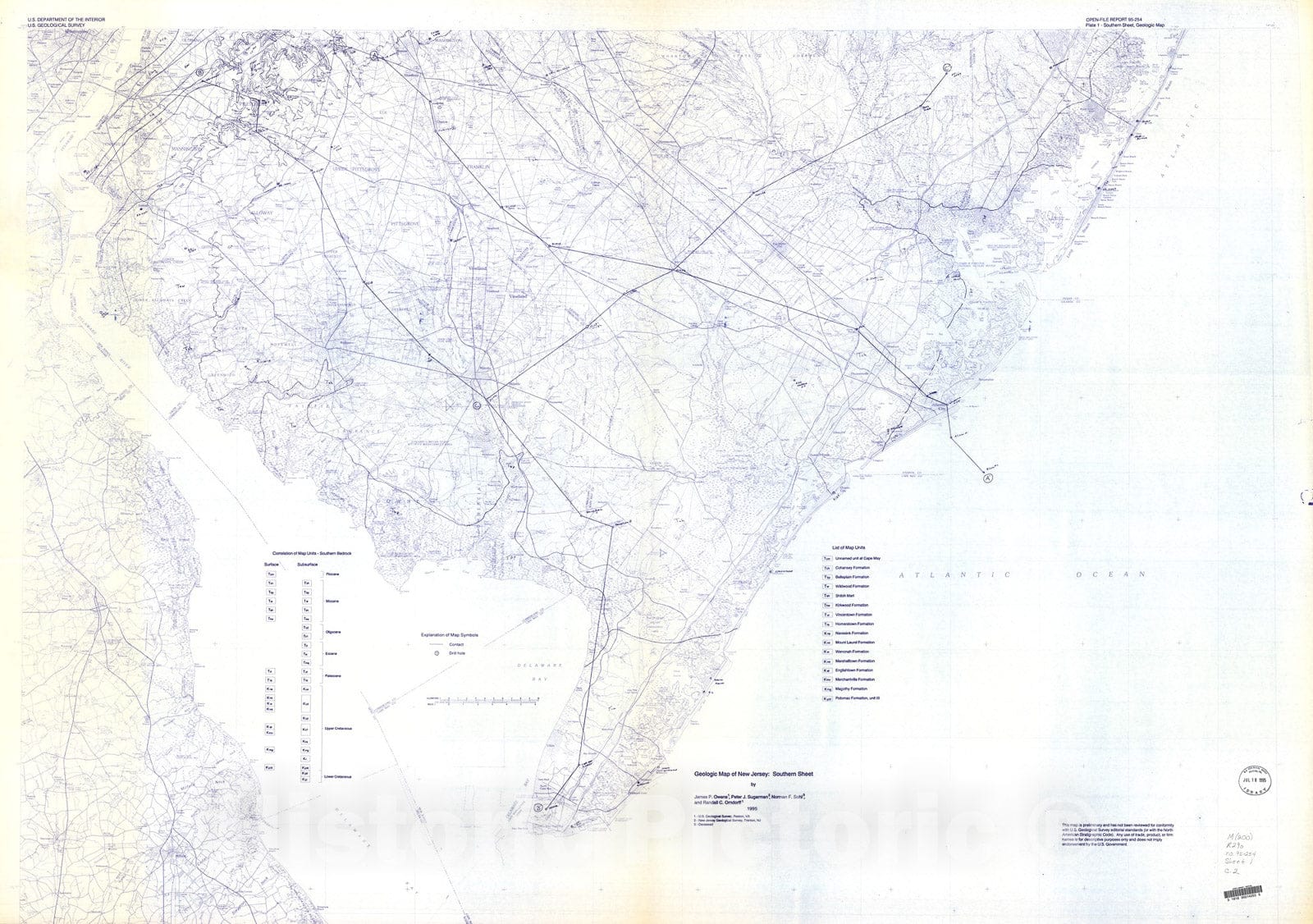 Map : Geologic map of New Jersey: southern sheet, 1995 Cartography Wall Art :