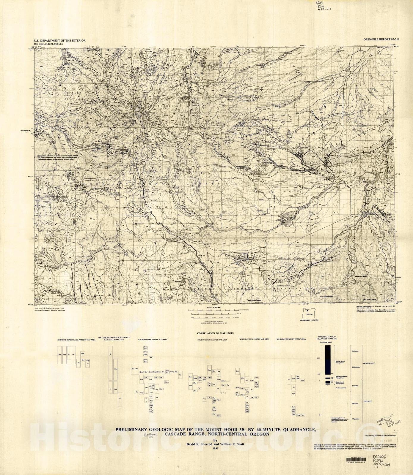 Map : Preliminary geologic map of the Mount Hood 30- by 60-minute quadrangle, northern Cascade Range, Oregon, 1995 Cartography Wall Art :