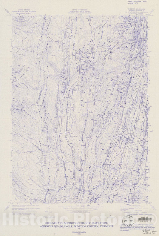 Map : Preliminary bedrock geologic map of the Andover quadrangle, Windsor County, Vermont, 1996 Cartography Wall Art :