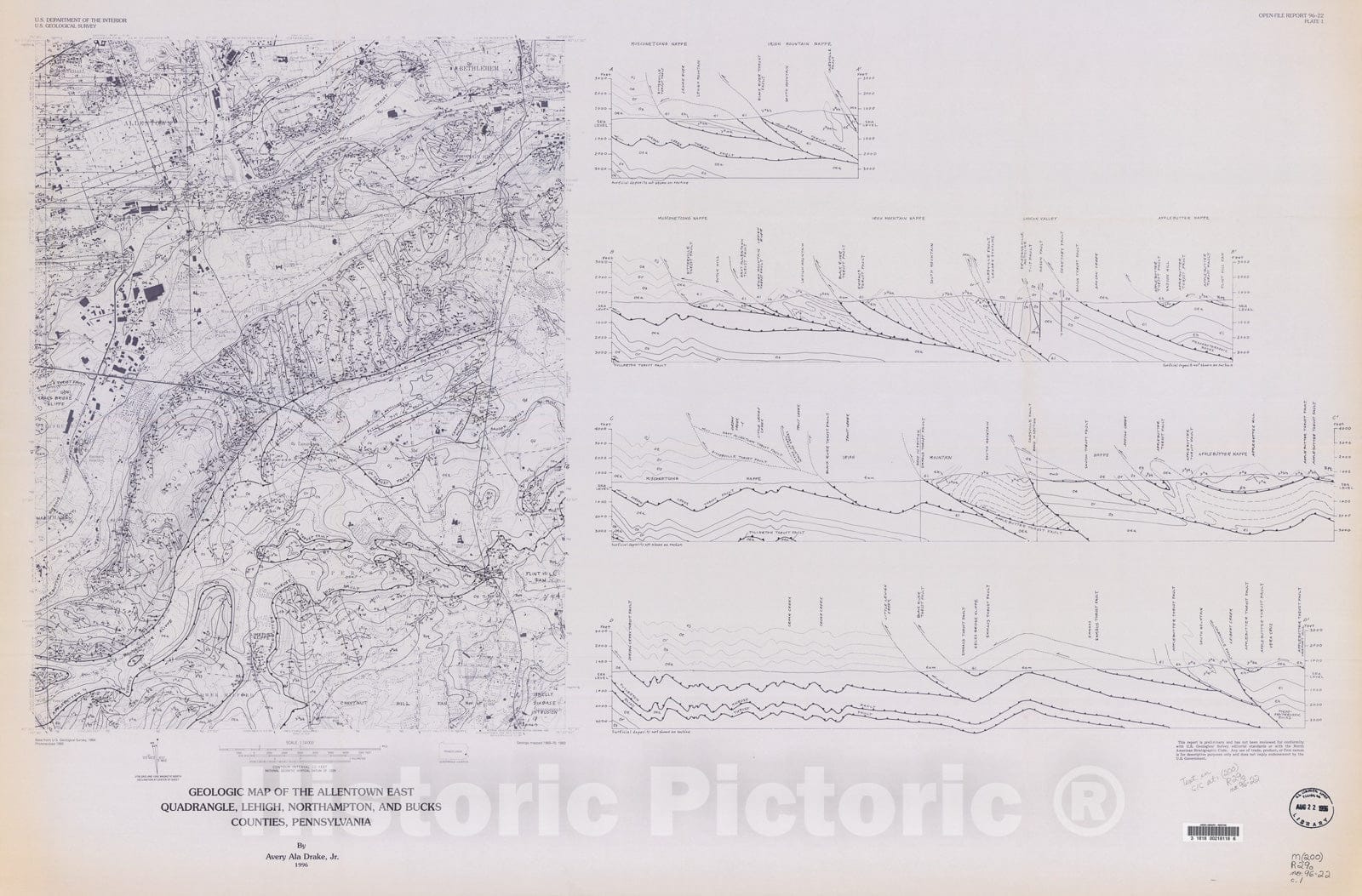 Map : Geologic map of the Allentown East quadrangle Lehigh, Northampton, and Bucks Counties, Pennsylvania, 1996 Cartography Wall Art :
