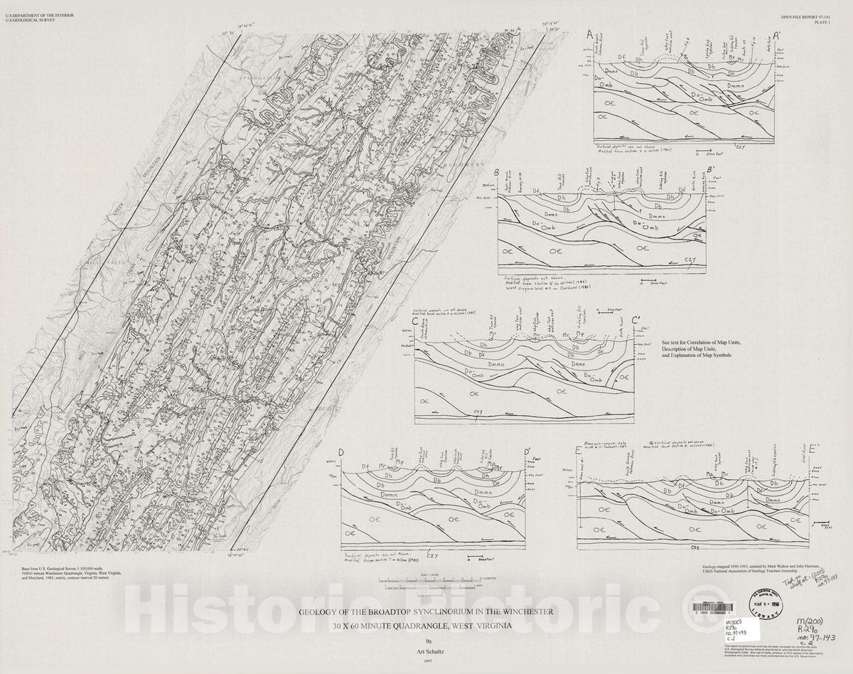Map : Geology of the Broadtop synclinorium in the Winchester 30' x 60' quadrangle, West Virginia, 1997 Cartography Wall Art :