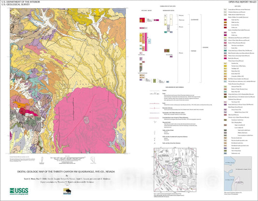 Map : Digital geologic map of the Thirsty Canyon NW quadrangle, Nye County, Nevada, 1998 Cartography Wall Art :