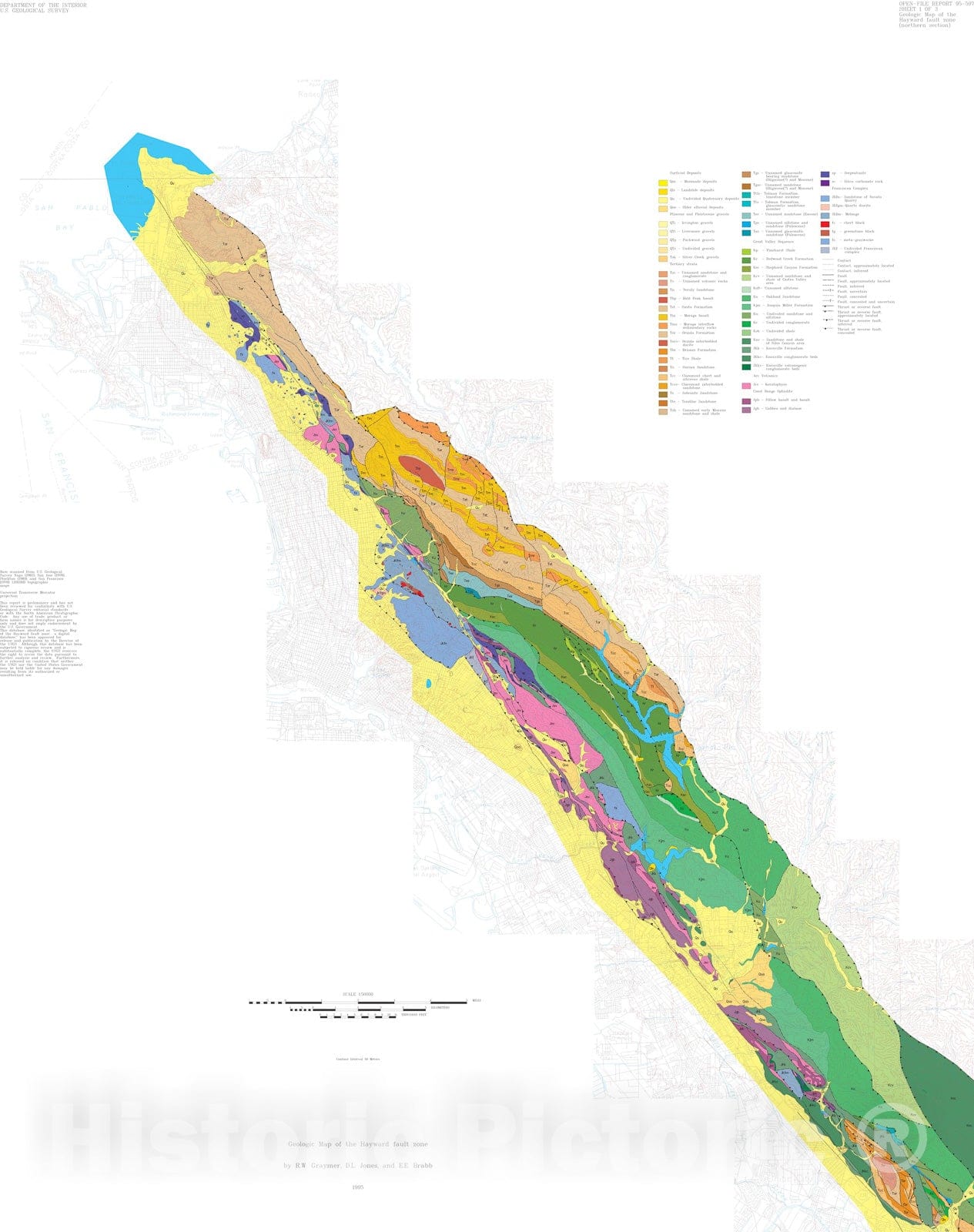 Map : Geologic map of the Hayward fault zone, Contra Costa, Alameda, and Santa Clara Counties, California: a digital database, 1998 Cartography Wall Art :