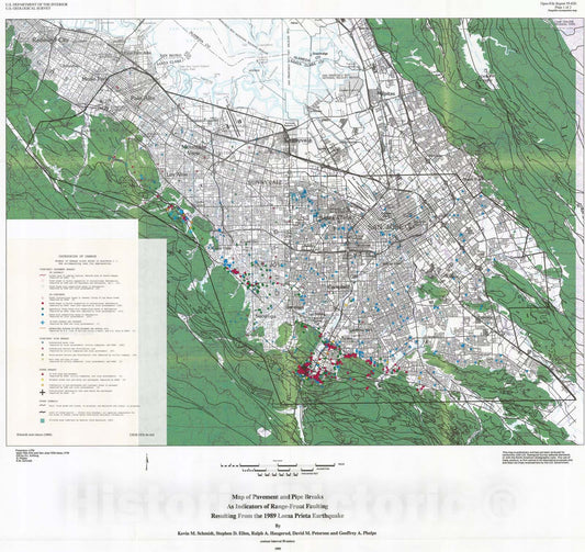 Map : Breaks in pavement and pipes as indicators of range-front faulting resulting from the 1989 Loma Prieta , 1995 Cartography Wall Art :