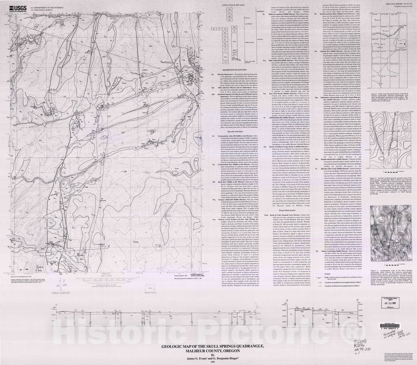 Map : Preliminary geologic map of the Skull Spring quadrangle, Malheur County, Oregon, 1999 Cartography Wall Art :