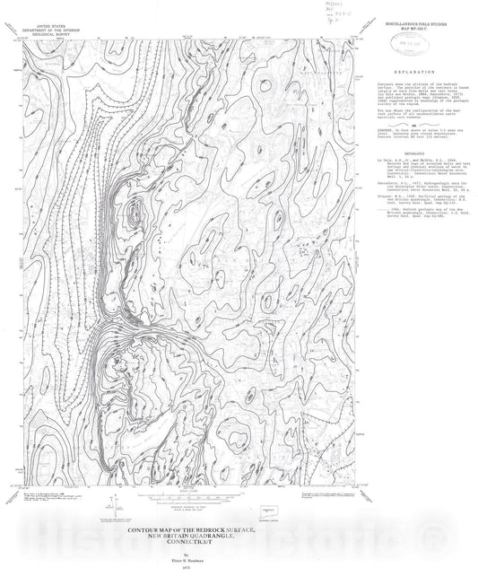 Map : Contour map of the bedrock surface, New Britain quadrangle, Connecticut, 1975 Cartography Wall Art :