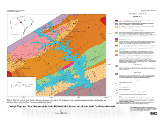 Map : Geologic maps and block diagrams of the Barite Hill gold-silver deposit and vicinity, South Carolina and Georgia, 1999 Cartography Wall Art :