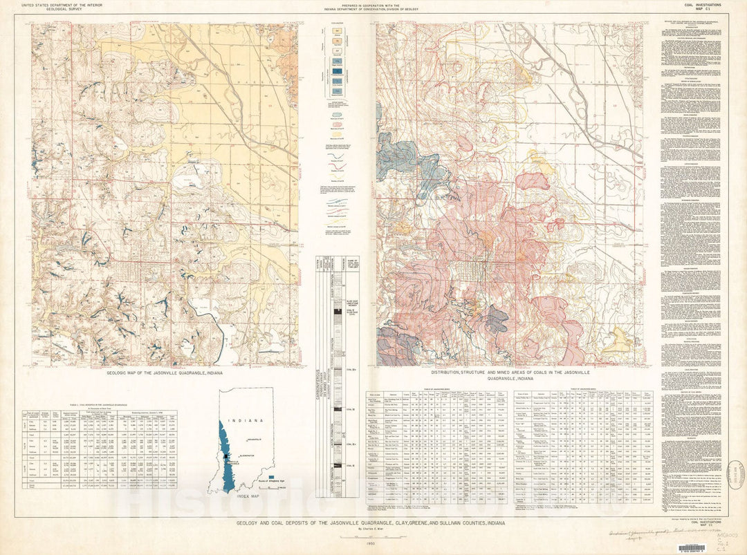Map : Geology and coal deposits of the Jasonville quadrangle, Clay, Greene, and Sullivan Counties, Indiana, 1950 Cartography Wall Art :