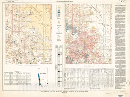 Map : Geology and coal deposits of the Jasonville quadrangle, Clay, Greene, and Sullivan Counties, Indiana, 1950 Cartography Wall Art :