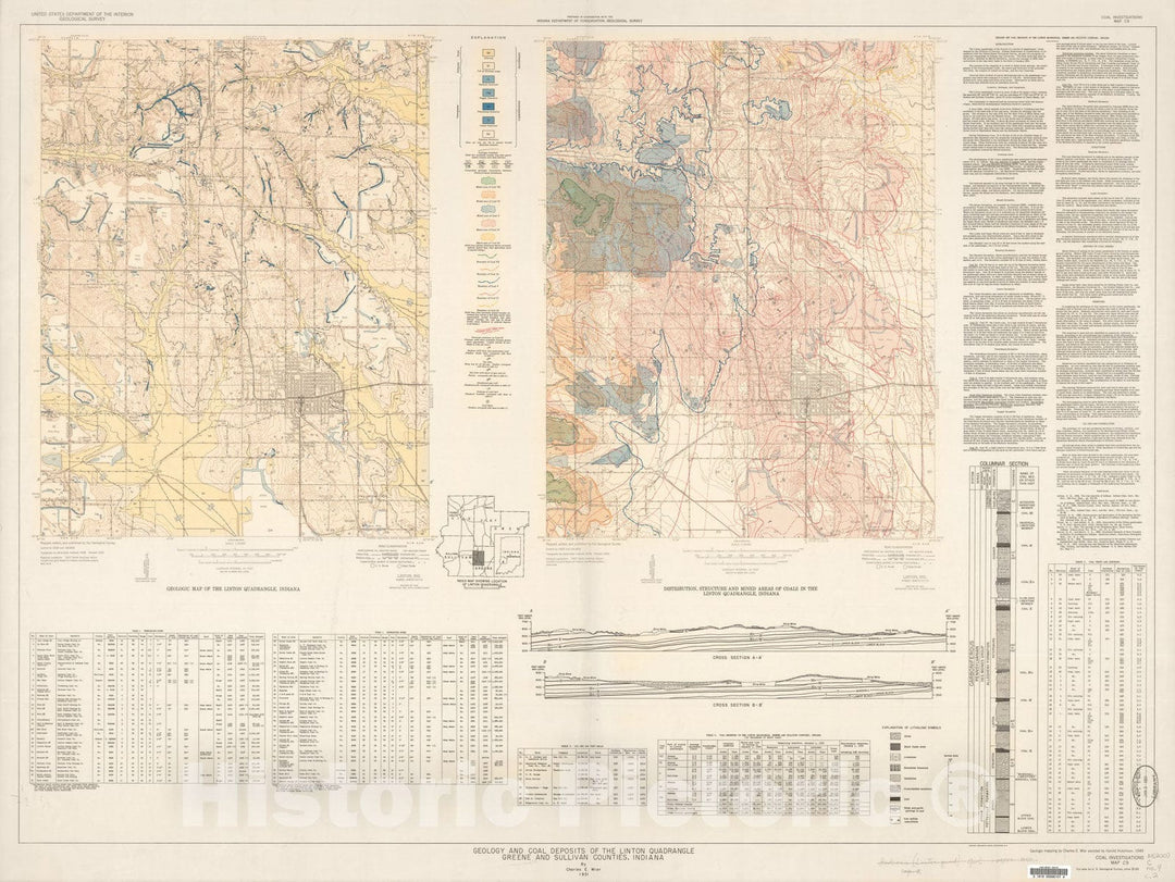 Map : Geology and coal deposits of the Linton quadrangle Greene and Sullivan Counties, Indiana, 1951 Cartography Wall Art :