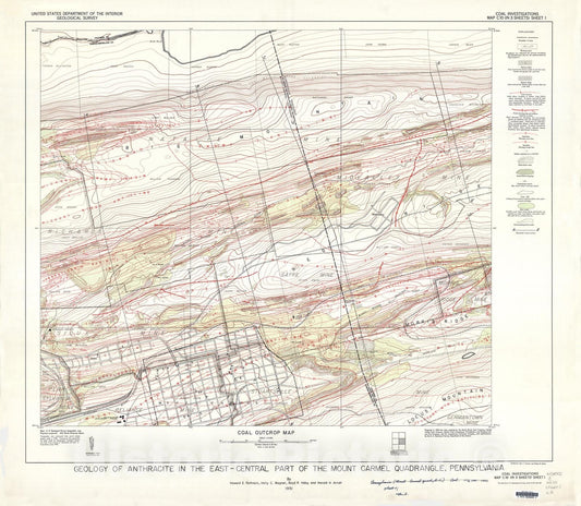 Map : Geology of anthracite in the east-central part of the Mount Carmel quadrangle, Pennsylvania, 1951 Cartography Wall Art :
