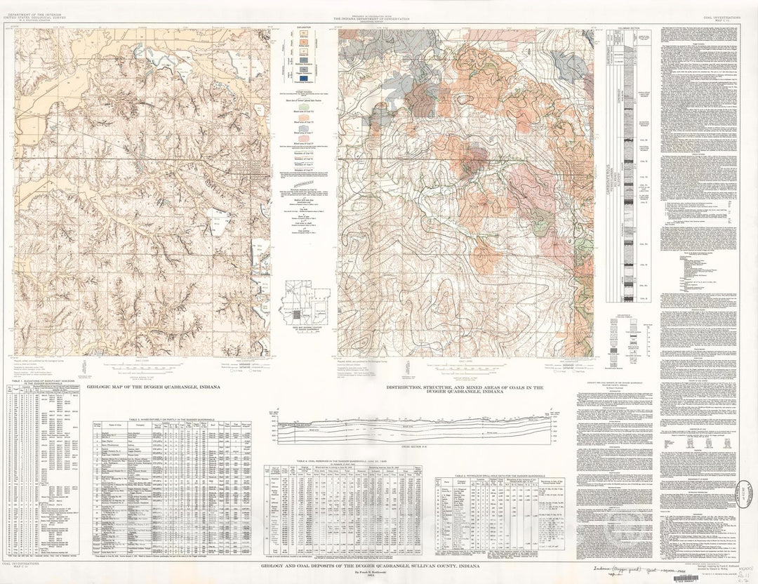 Map : Geology and coal deposits of the Dugger quadrangle, Sullivan County, Indiana, 1954 Cartography Wall Art :