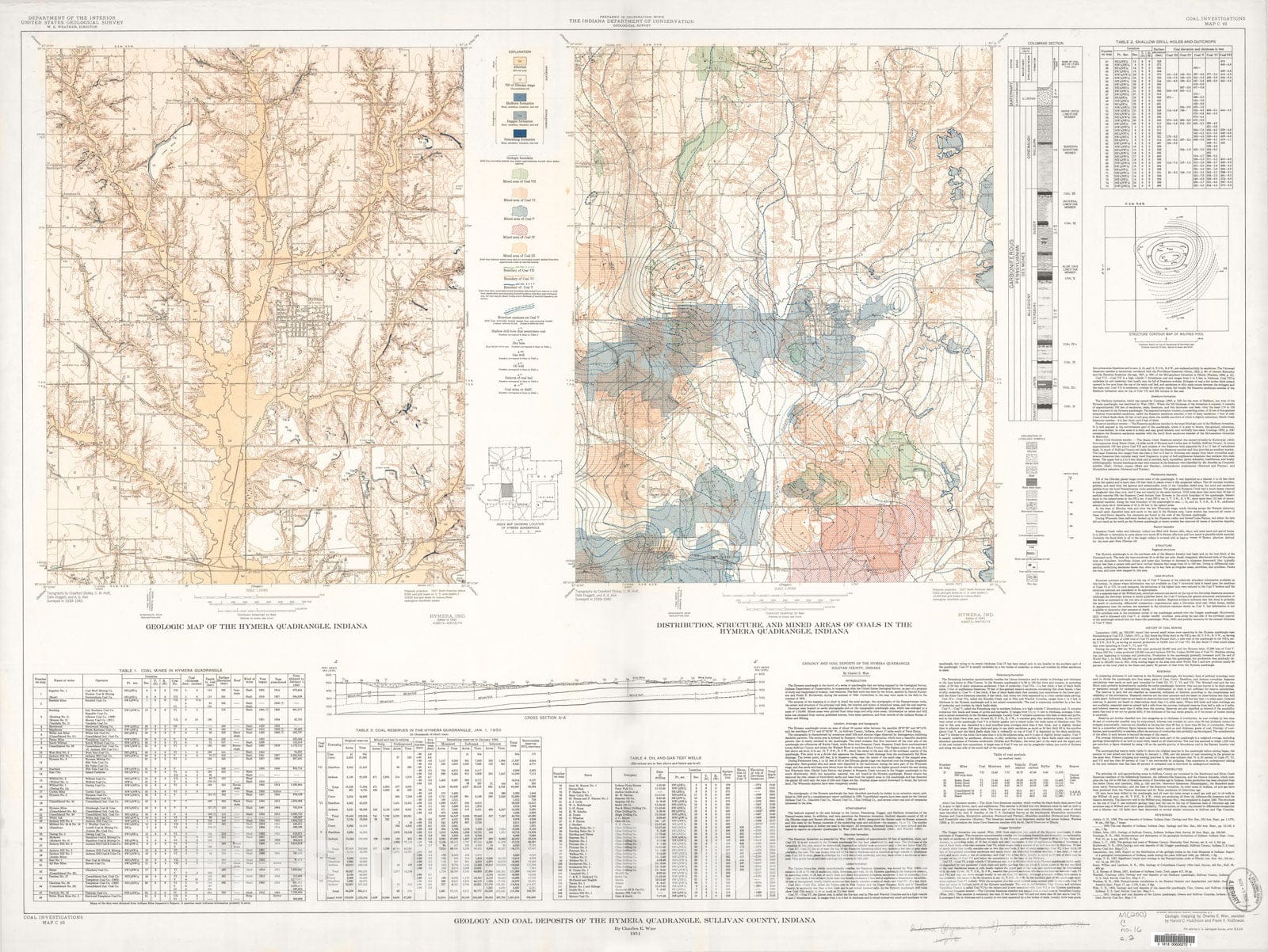 Map : Geology and coal deposits of the Hymera quadrangle, Sullivan County, Indiana, 1954 Cartography Wall Art :