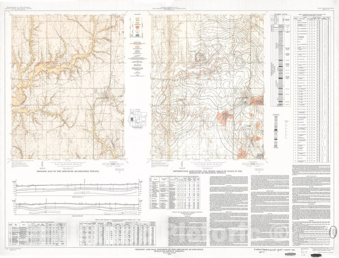 Map : Geology and coal deposits of the Shelburn quadrangle, Sullivan County, Indiana, 1954 Cartography Wall Art :