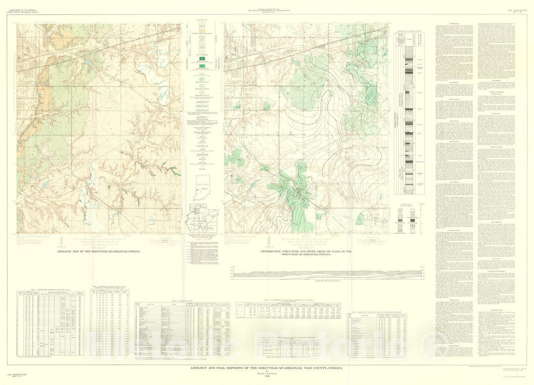 Map : Geology and coal deposits of the Seelyville quadrangle, Vigo County, Indiana, 1958 Cartography Wall Art :