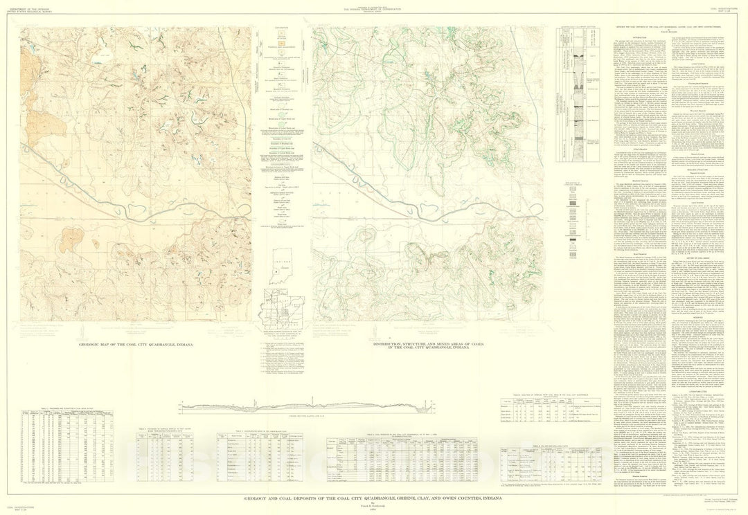 Map : Geology and coal deposits of the Coal City quadrangle, Greene, Clay, and Owen counties, Indiana, 1959 Cartography Wall Art :