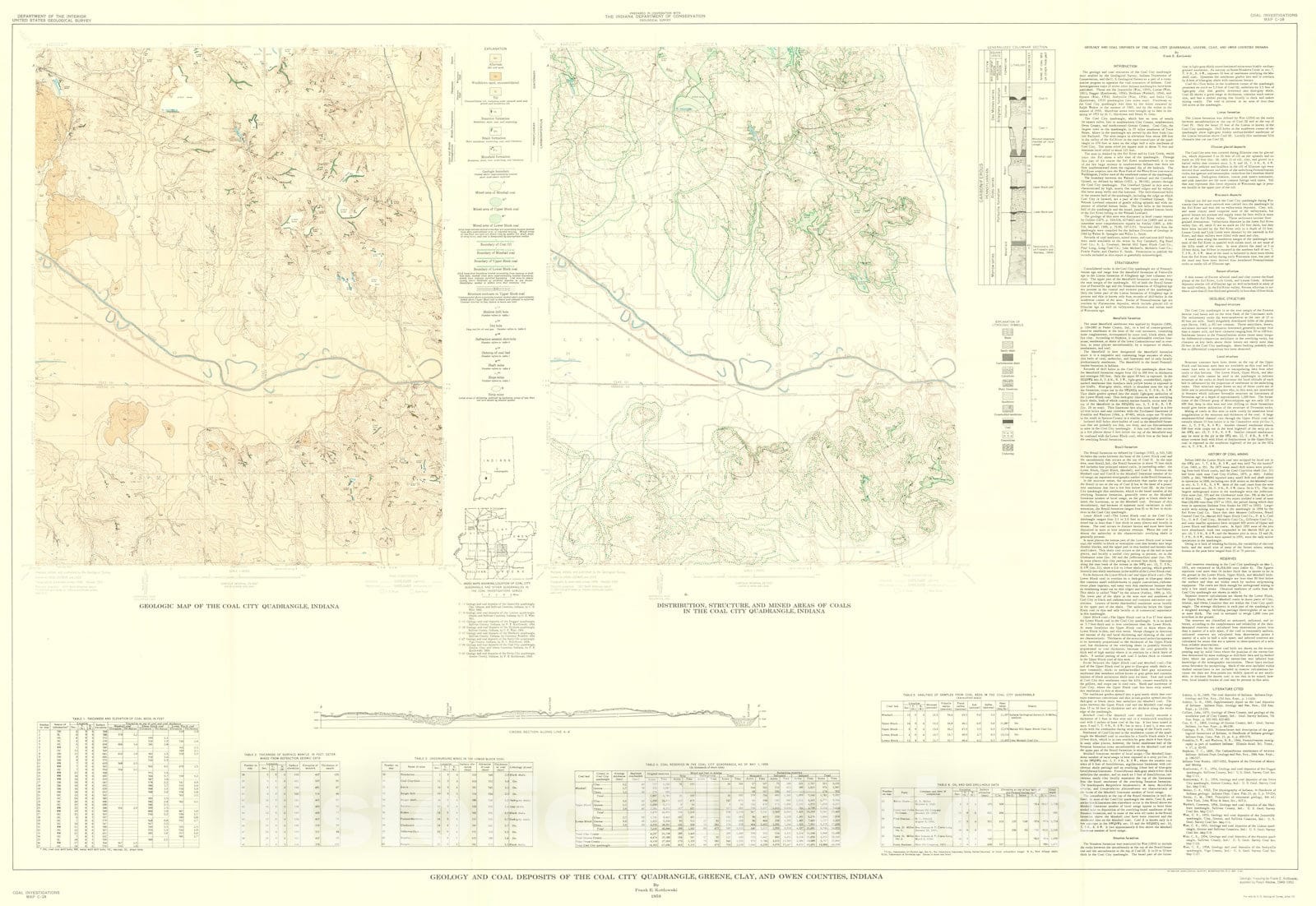 Map : Geology and coal deposits of the Coal City quadrangle, Greene, Clay, and Owen counties, Indiana, 1959 Cartography Wall Art :