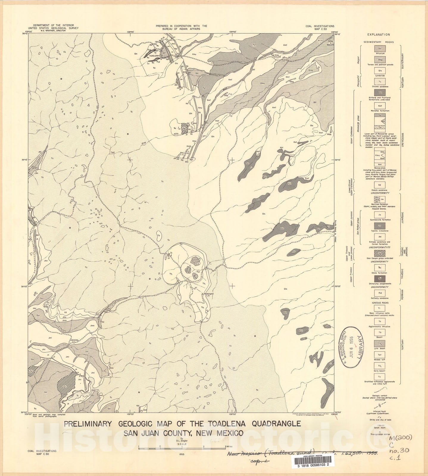 Map : Preliminary geologic map of the Toadlena quadrangle, San Juan County, New Mexico, 1955 Cartography Wall Art :