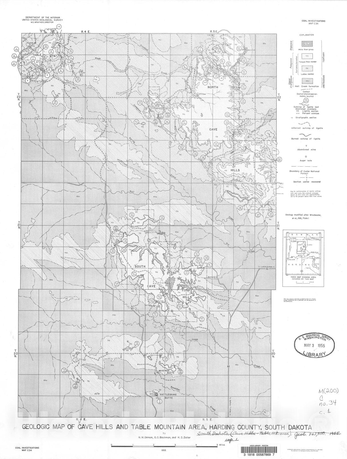 Map : Geologic map of Cave Hills and Table Mountain area, Harding County, South Dakota, 1955 Cartography Wall Art :
