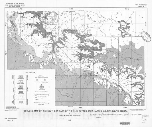 Map : Geologic map of the southern part of the Slim Buttes area, Harding County, South Dakota, 1955 Cartography Wall Art :