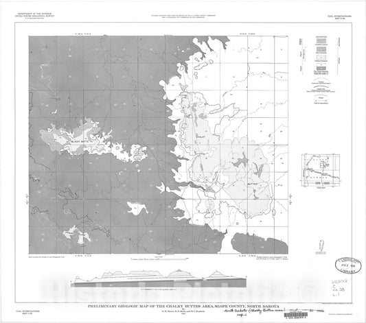 Map : Preliminary geologic map of the Chalky Buttes area, Slope County, North Dakota, 1956 Cartography Wall Art :