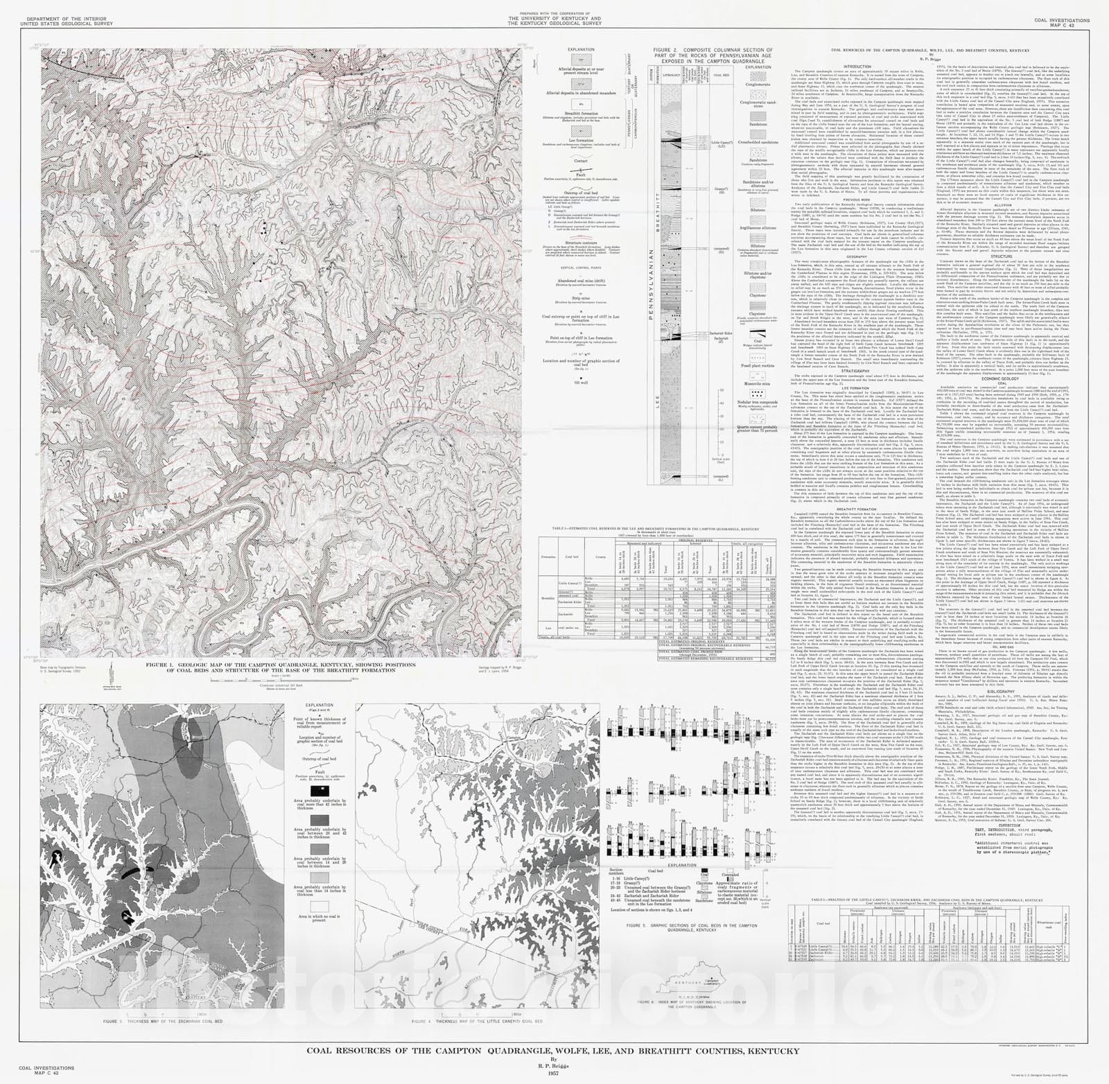 Map : Coal resources of the Campton quadrangle, Wolfe, Lee, and Breathitt Counties, Kentucky, 1957 Cartography Wall Art :