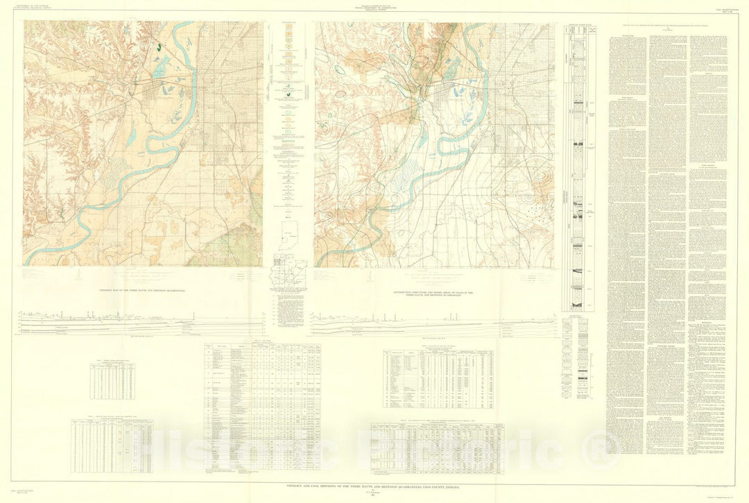 Map : Geology and coal deposits of the Terre Haute and Dennison quadrangles, Vigo County, Indiana, 1961 Cartography Wall Art :