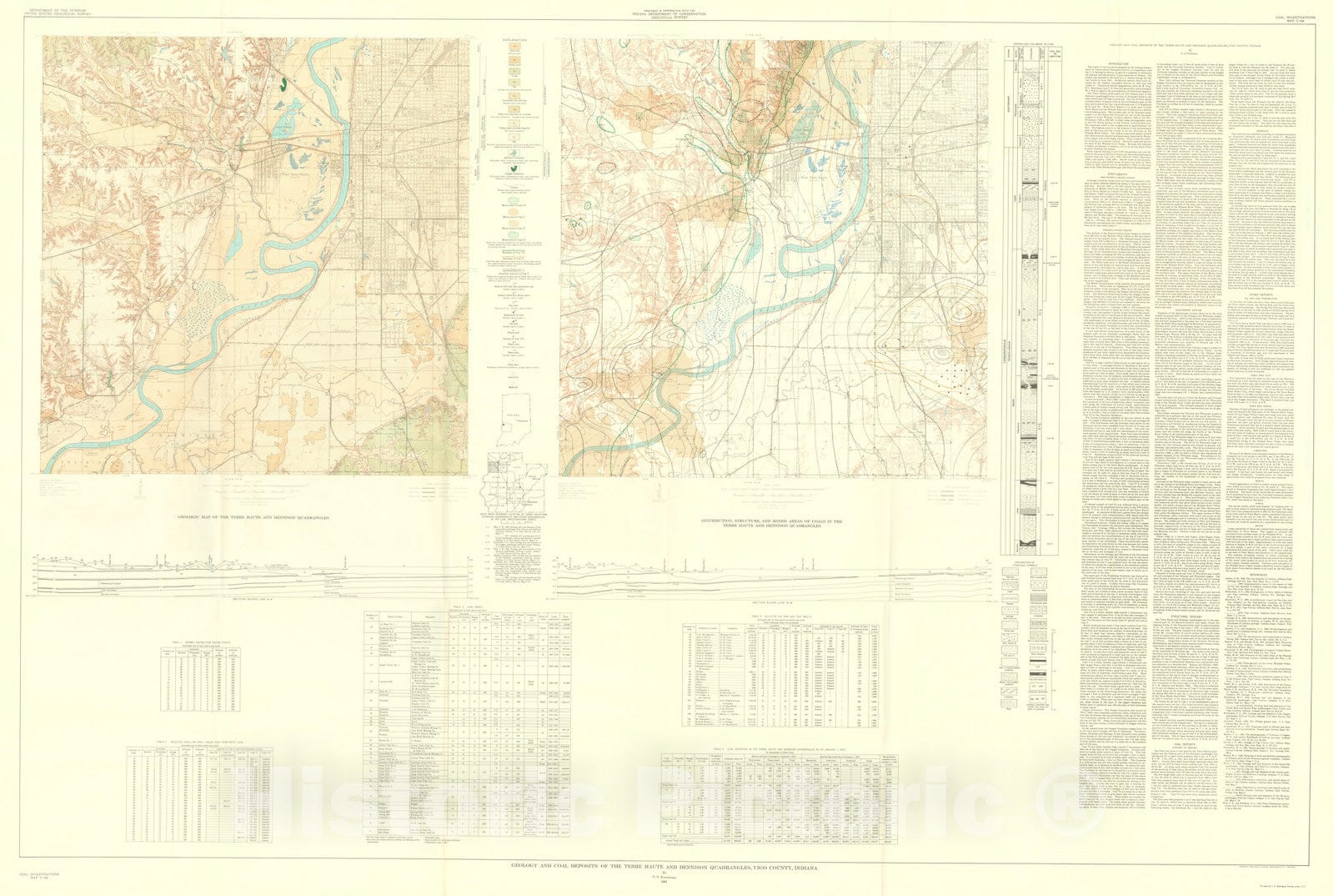 Map : Geology and coal deposits of the Terre Haute and Dennison quadrangles, Vigo County, Indiana, 1961 Cartography Wall Art :