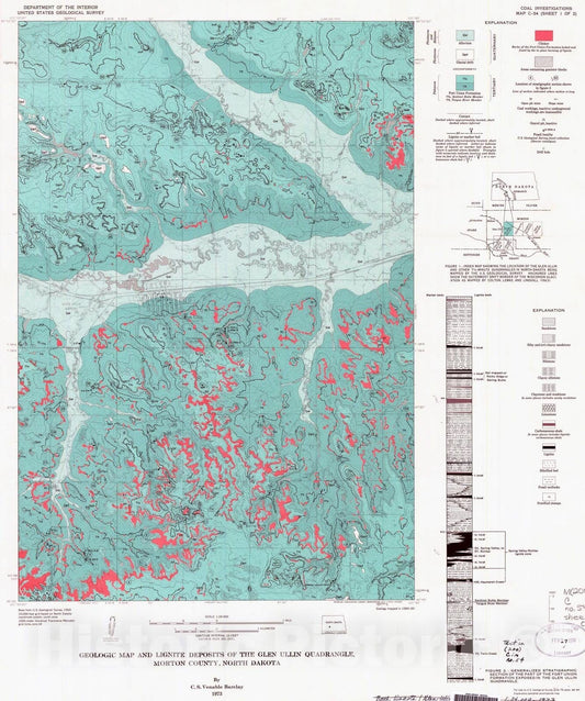 Map : Geologic map and lignite deposits of the Glen Ullin quadrangle, Morton County, North Dakota, 1973 Cartography Wall Art :