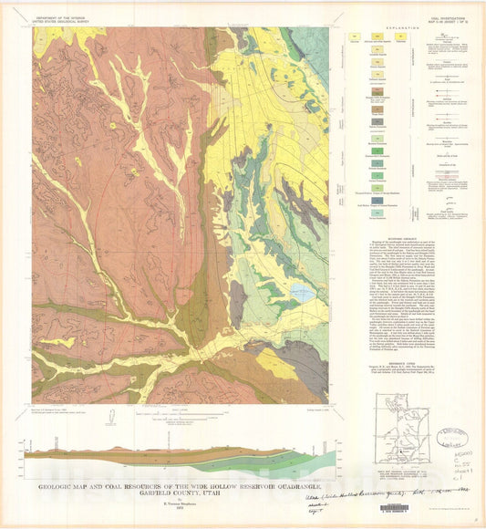 Map : Geologic map and coal resources of the Wide Hollow Reservoir quadrangle, Garfield County, Utah, 1973 Cartography Wall Art :