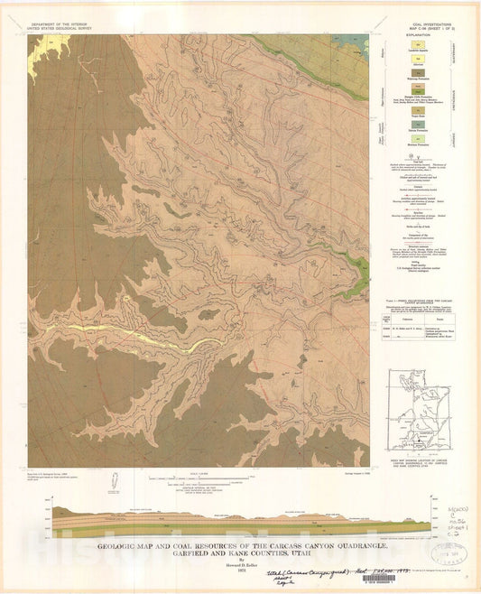 Map : Geologic map and coal resources of the Carcass Canyon quadrangle, Garfield and Kane Counties, Utah, 1973 Cartography Wall Art :