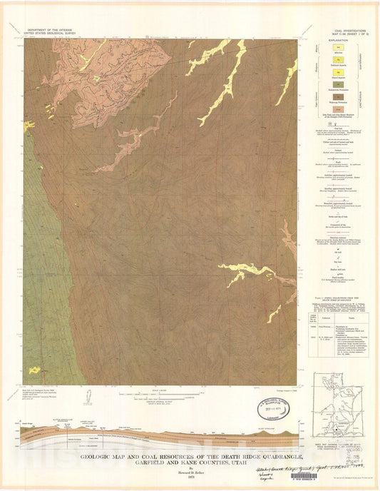 Map : Geologic map and coal resources of the Death Ridge quadrangle, Garfield and Kane Counties, Utah, 1973 Cartography Wall Art :