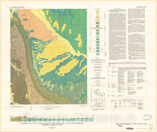 Map : Geologic map and coal resources of the Dave Canyon quadrangle, Garfield County, Utah, 1973 Cartography Wall Art :