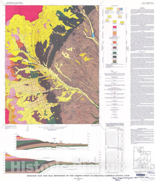 Map : Geologic map and coal resources of the Griffin Point quadrangle, Garfield County, Utah, 1973 Cartography Wall Art :