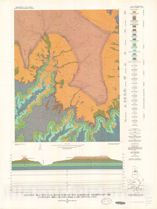 Map : Geologic map and coal resources of the northeast quarter of the Cummings Mesa quadrangle, Kane County, Utah, 1973 Cartography Wall Art :