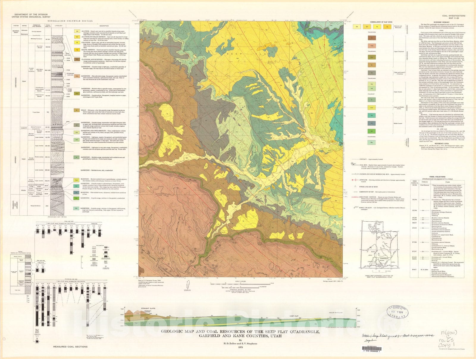 Map : Geologic map and coal resources of the Seep Flat quadrangle, Garfield and Kane Counties, Utah, 1973 Cartography Wall Art :
