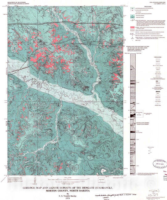 Map : Geologic map and lignite deposits of the Dengate quadrangle, Morton County, North Dakota, 1974 Cartography Wall Art :