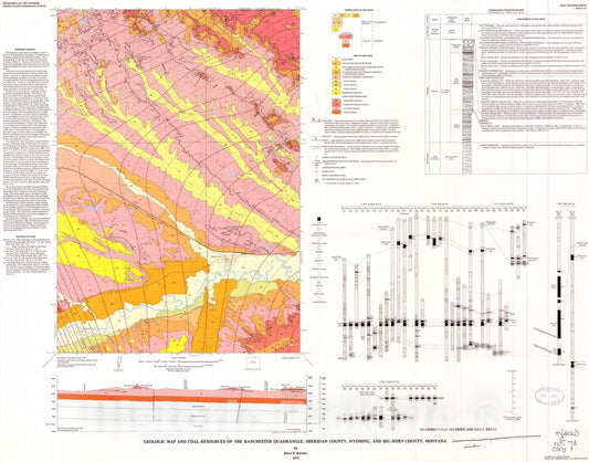 Map : Geologic map and coal resources of the Ranchester quadrangle, Sheridan County, Wyoming, and Big Horn County, Montana, 1975 Cartography Wall Art :