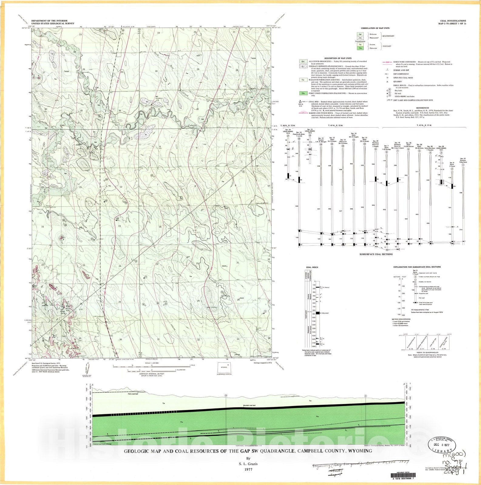 Map : Geologic map and coal resources of The Gap SW quadrangle, Campbell County, Wyoming, 1977 Cartography Wall Art :
