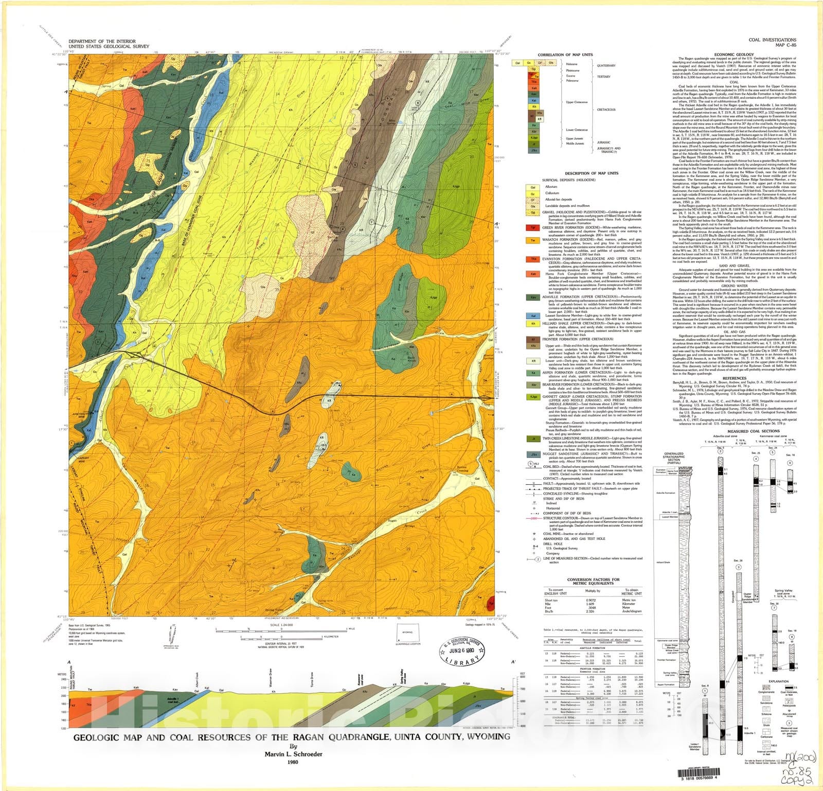 Map : Geologic map and coal resources of the Ragan quadrangle, Uinta County, Wyoming, 1980 Cartography Wall Art :