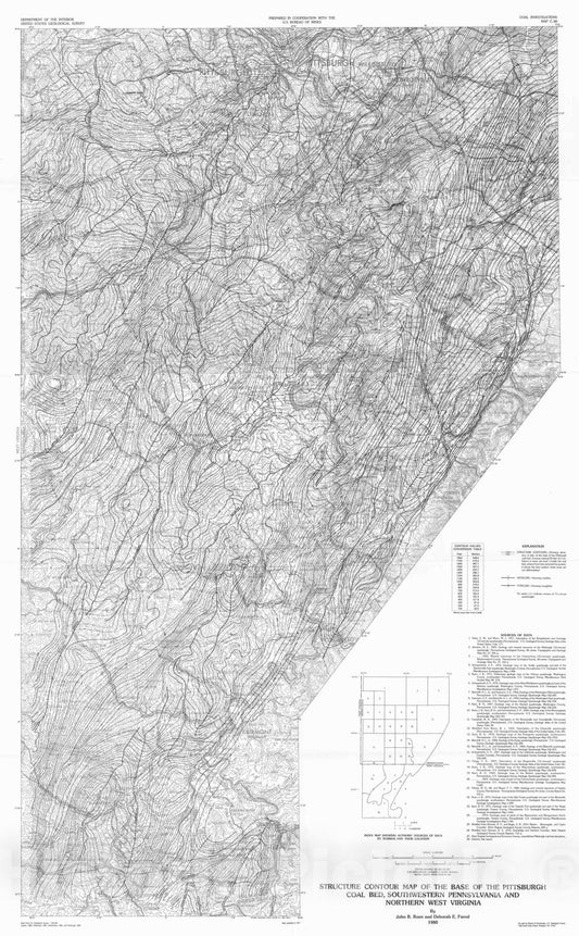 Map : Structure contour map of the base of the Pittsburgh coal bed, southwestern Pennsylvania and northern West Virginia, 1980 Cartography Wall Art :