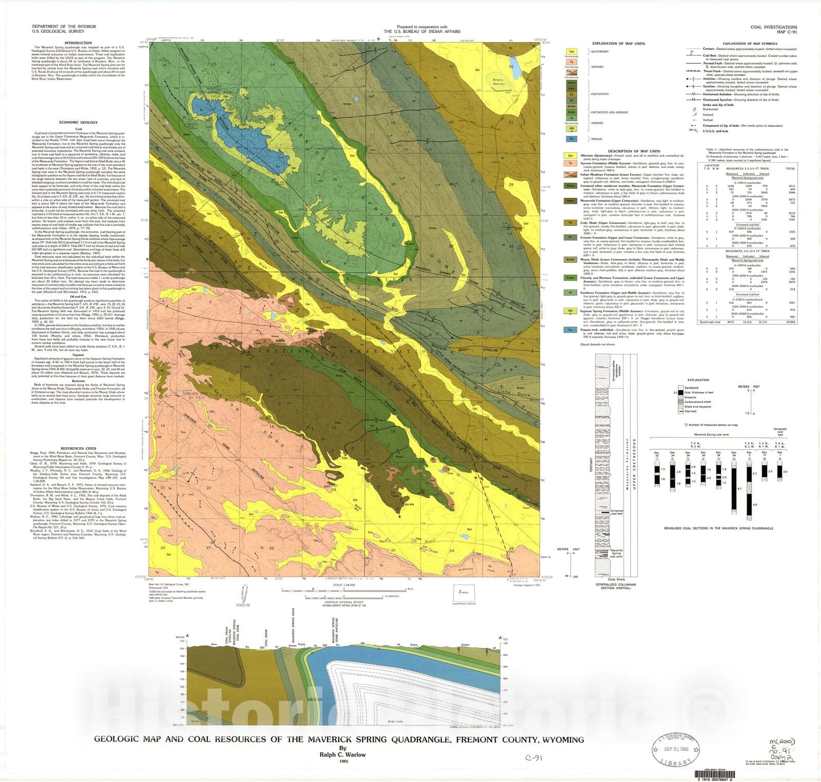 Map : Geologic map and coal resources of the Maverick Spring quadrangle, Fremont County, Wyoming, 1985 Cartography Wall Art :