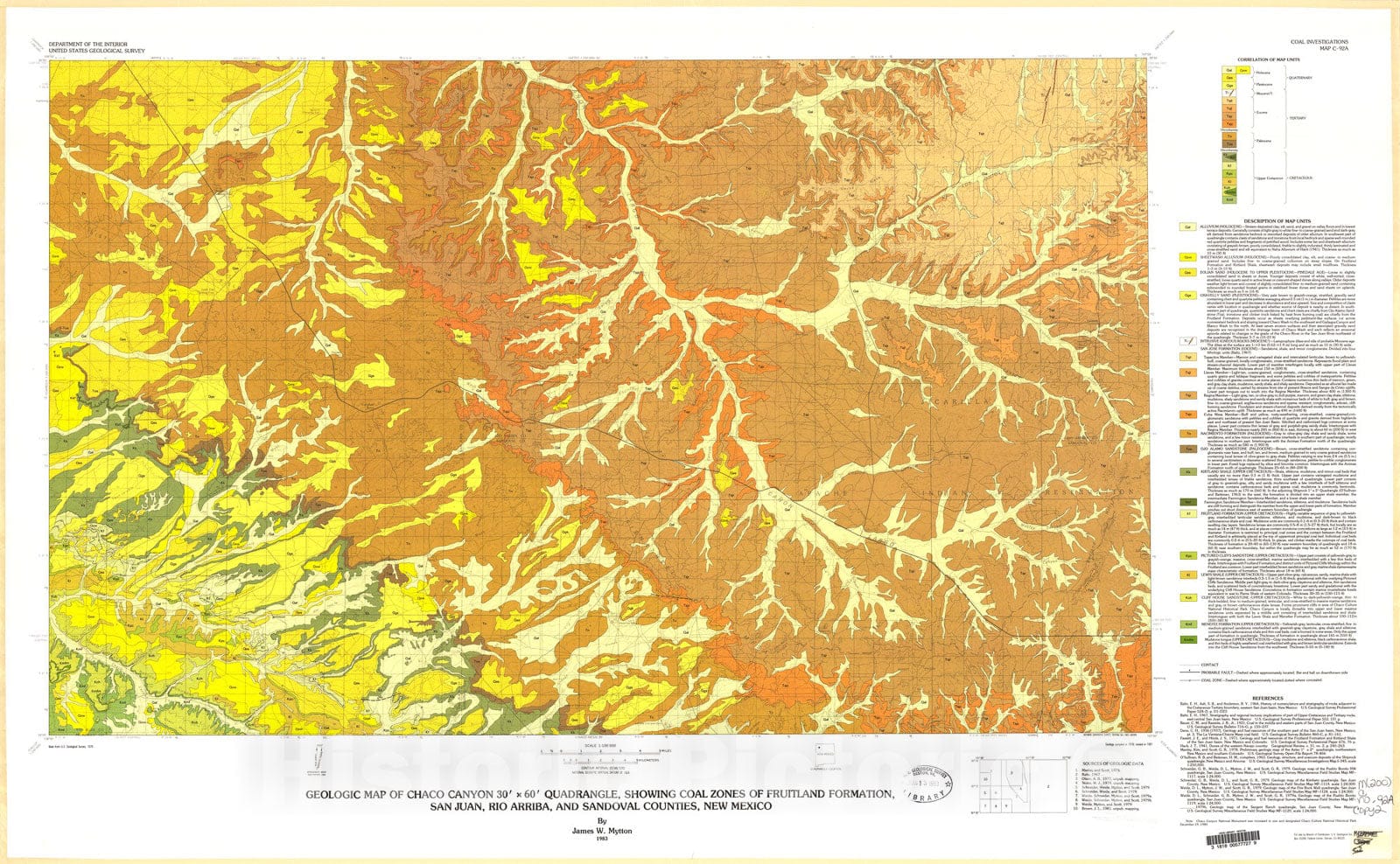 Map : Geologic map of Chaco Canyon 30' x 60' quadrangle showing coal zones of Fruitland Formation, San Juan, Rio Arriba, and Sandoval Counties, New Mexico, 1983 Cartography Wall Art :
