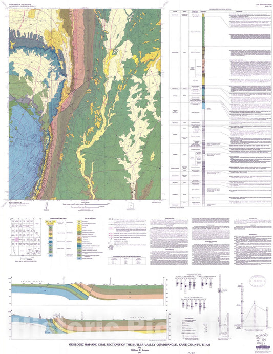 Map : Geologic map and coal sections of the Butler Valley quadrangle, Kane County, Utah, 1983 Cartography Wall Art :