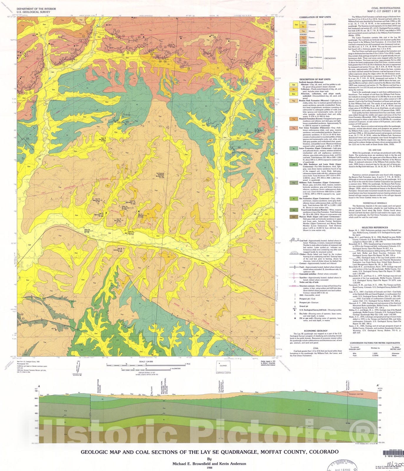 Map : Geologic map and coal sections of the Lay SE quadrangle, Moffat County, Colorado, 1988 Cartography Wall Art :