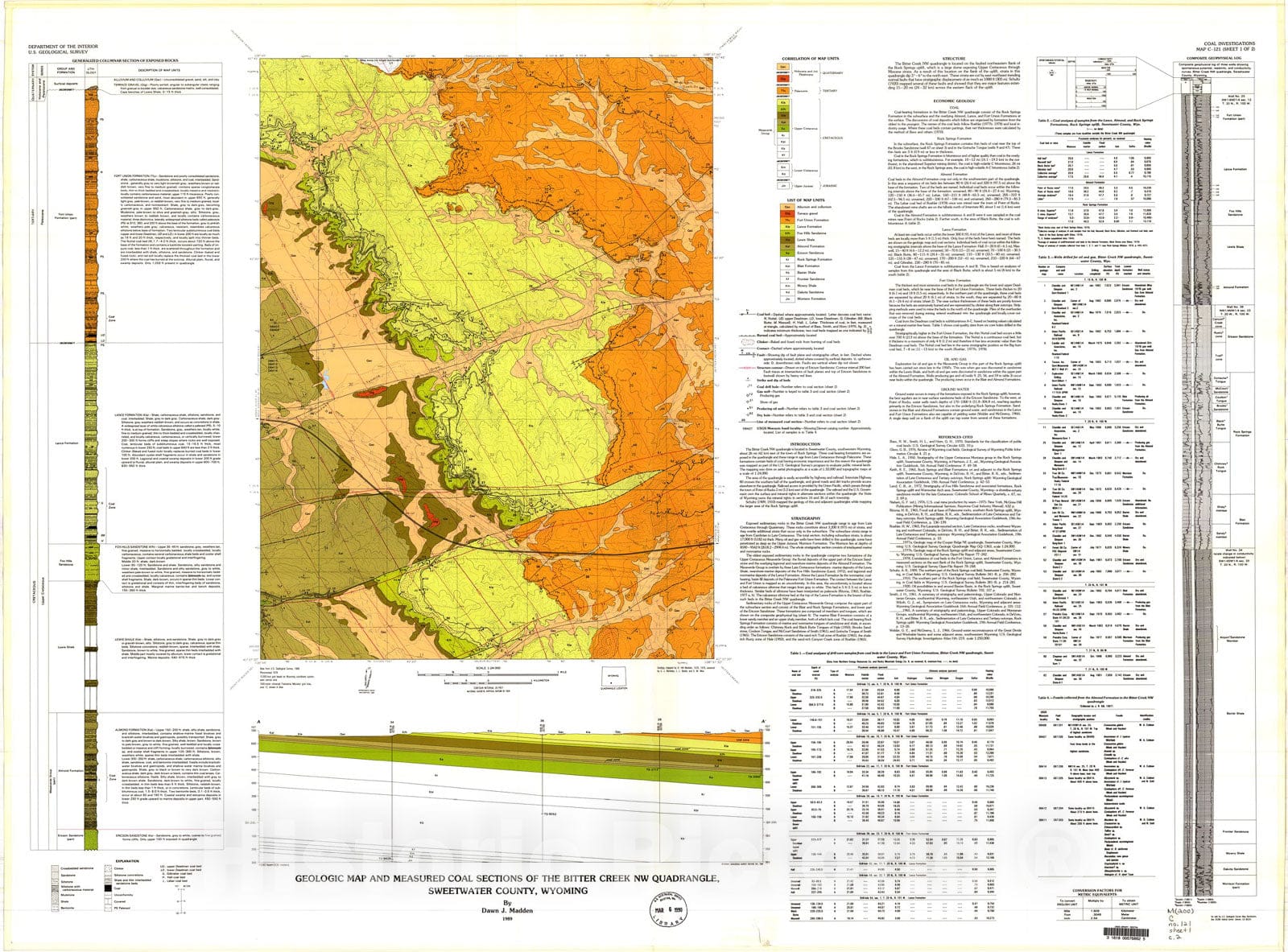 Map : Geologic map and measured coal sections of the Bitter Creek NW quadrangle, Sweetwater County, Wyoming, 1989 Cartography Wall Art :