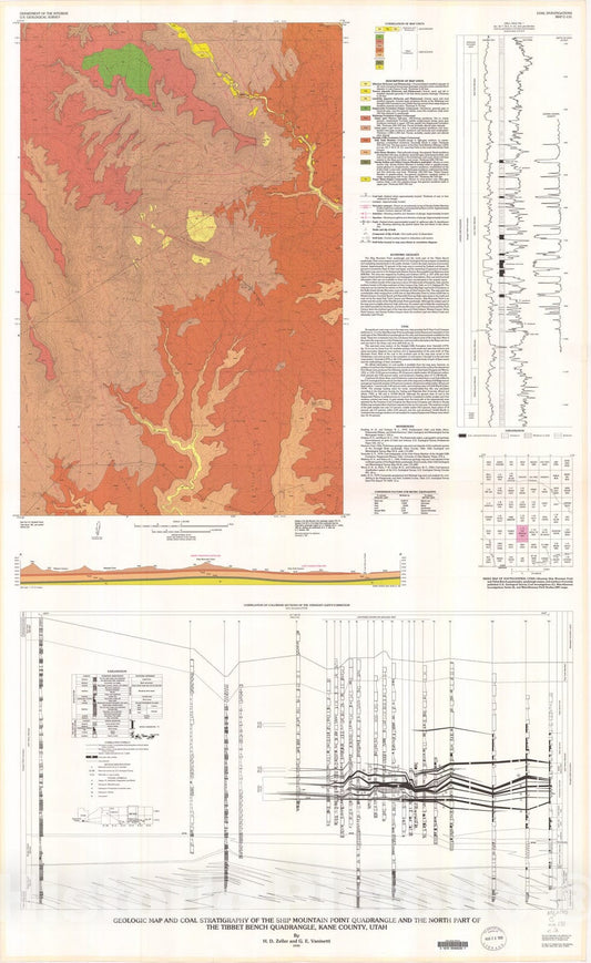 Map : Geologic map and coal stratigraphy of the Ship Mountain Point quadrangle and the north part of the Tibbet Bench quadrangle, Kane County, Utah, 1990 Cartography Wall Art :