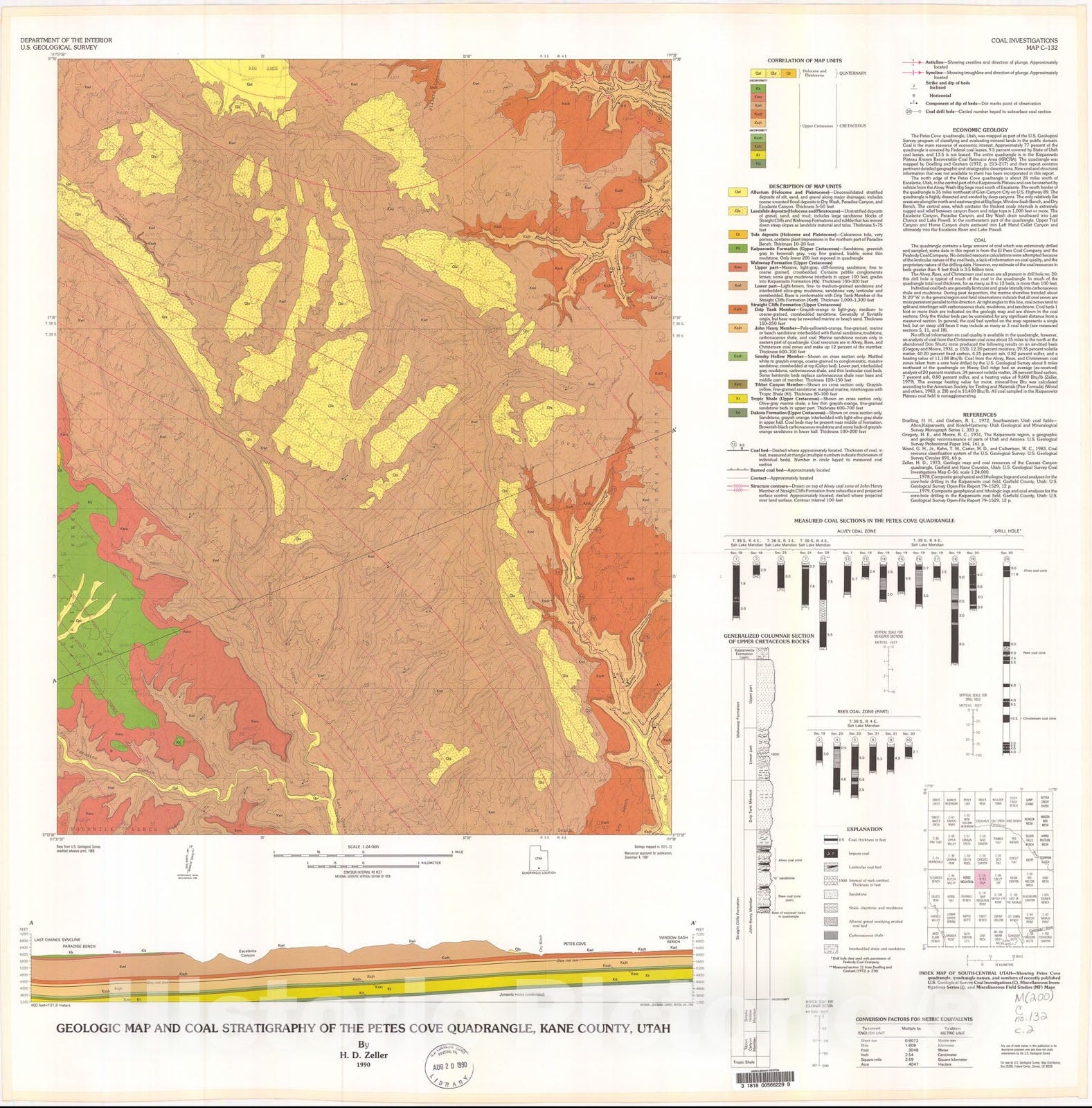 Map : Geologic map and coal stratigraphy of the Petes Cove quadrangle, Kane County, Utah, 1990 Cartography Wall Art :