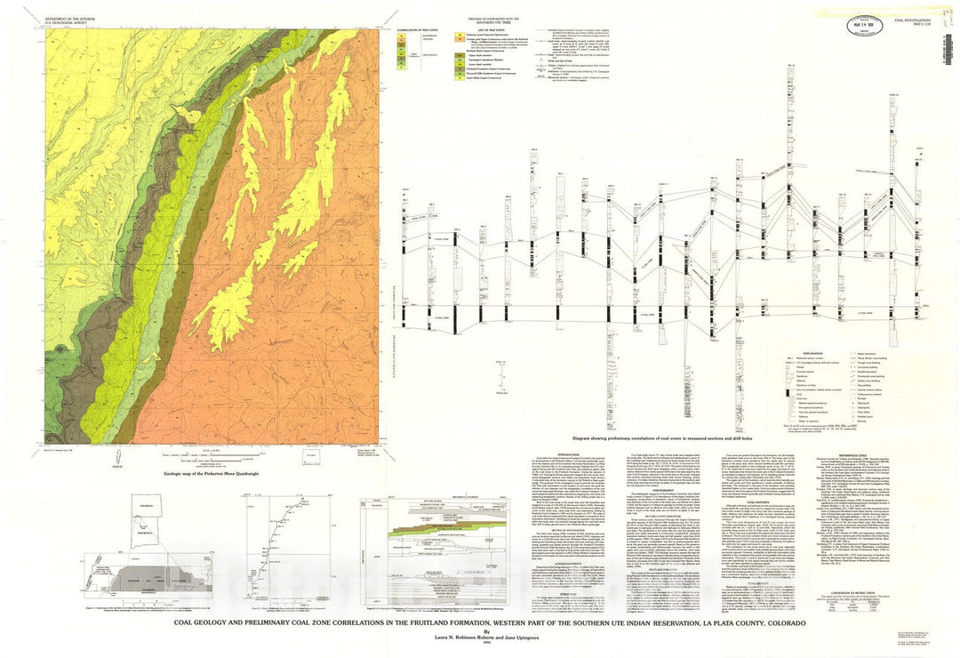 Map : Coal geology and preliminary coal zone correlations in the Fruitland Formation, western part of the Southern Ute Indian Reservatio, 1991 Cartography Wall Art :