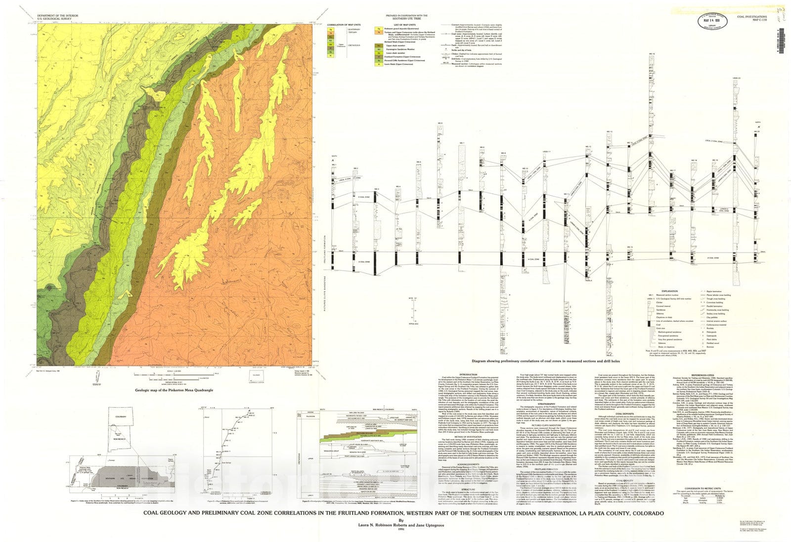 Map : Coal geology and preliminary coal zone correlations in the Fruitland Formation, western part of the Southern Ute Indian Reservatio, 1991 Cartography Wall Art :